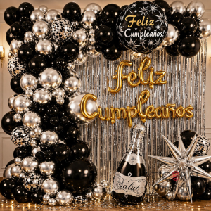 SET DE GLOBOS ARCO XL FELIZ CUMPLEA�OS CHAMPAGNE NEGRO Y PLATA (GY 7869) 64 UNIDADES